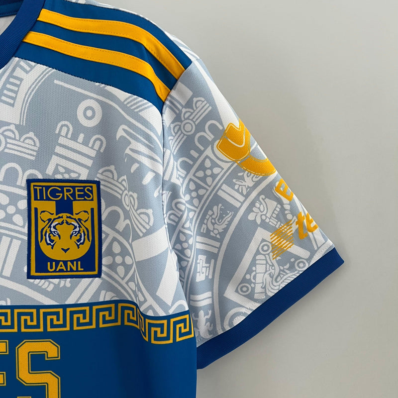 camisa-tigres-adidas-monterrey-23-24-versão-torcedor-branco-azul-amarelo-tigre-méxico-mexicano-Liga-mx