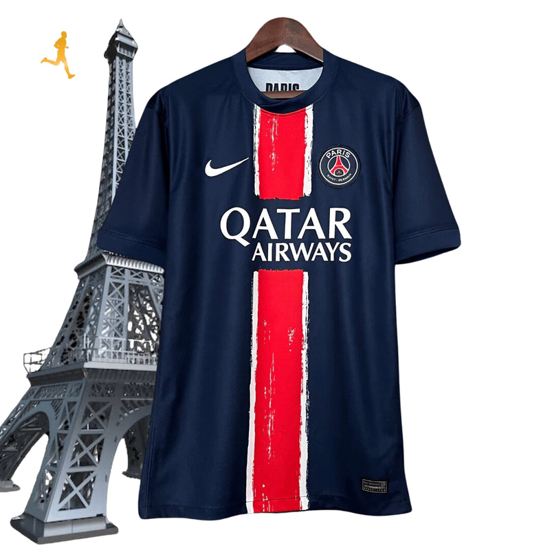 camisa-do-paris-saint-germain-titular-I-versão-torcedor-azul-vermelho-branco-hetcher-torre-eiffel-dry-fit-poliester-manga-curta-liga1-one-hakimi