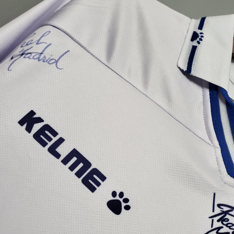 Camisa Real Madrid Titular Retrô 94/96 Home Kelme Branco Azul Cinza - Uniforme 1 Retrô Gola Polo Branco e Azul Kelme Teka