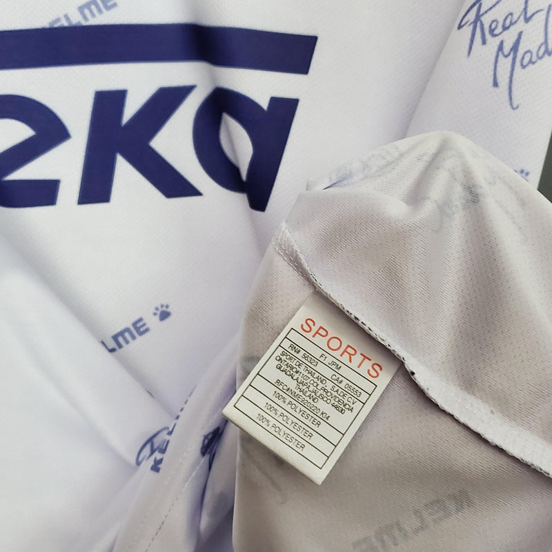 Camisa Real Madrid Titular Retrô 94/96 Home Kelme Branco Azul Cinza - Uniforme 1 Retrô Gola Polo Branco e Azul Kelme Teka