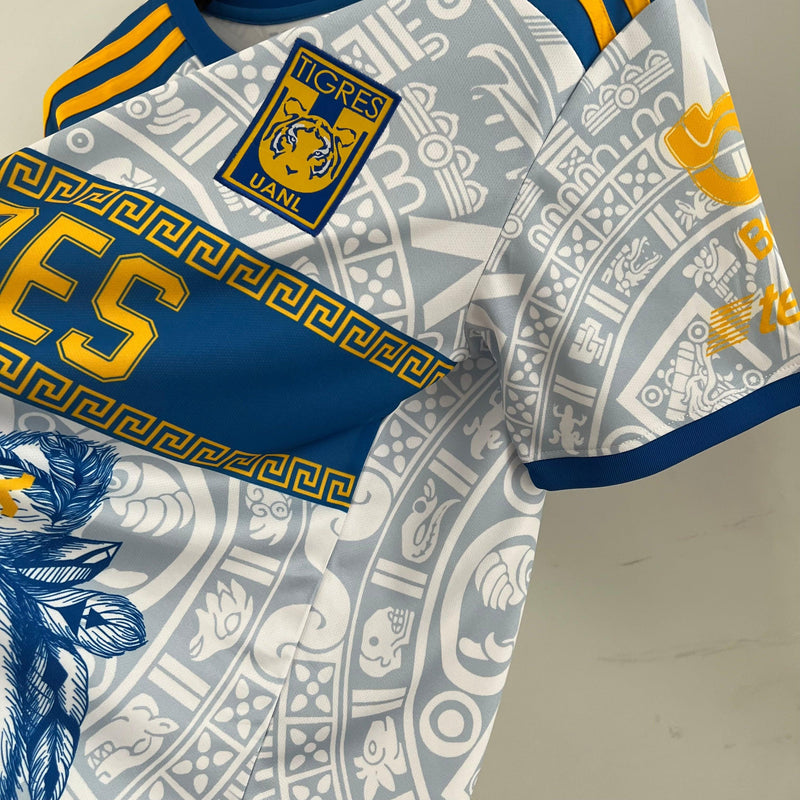 camisa-tigres-adidas-monterrey-23-24-versão-torcedor-branco-azul-amarelo-tigre-méxico-mexicano-Liga-mx