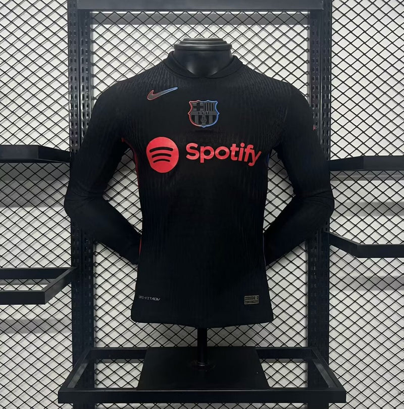 camisa-barcelona-manga-longa-II-reserva-24-25-versão-jogador-preta-vermelha-silk-spotify