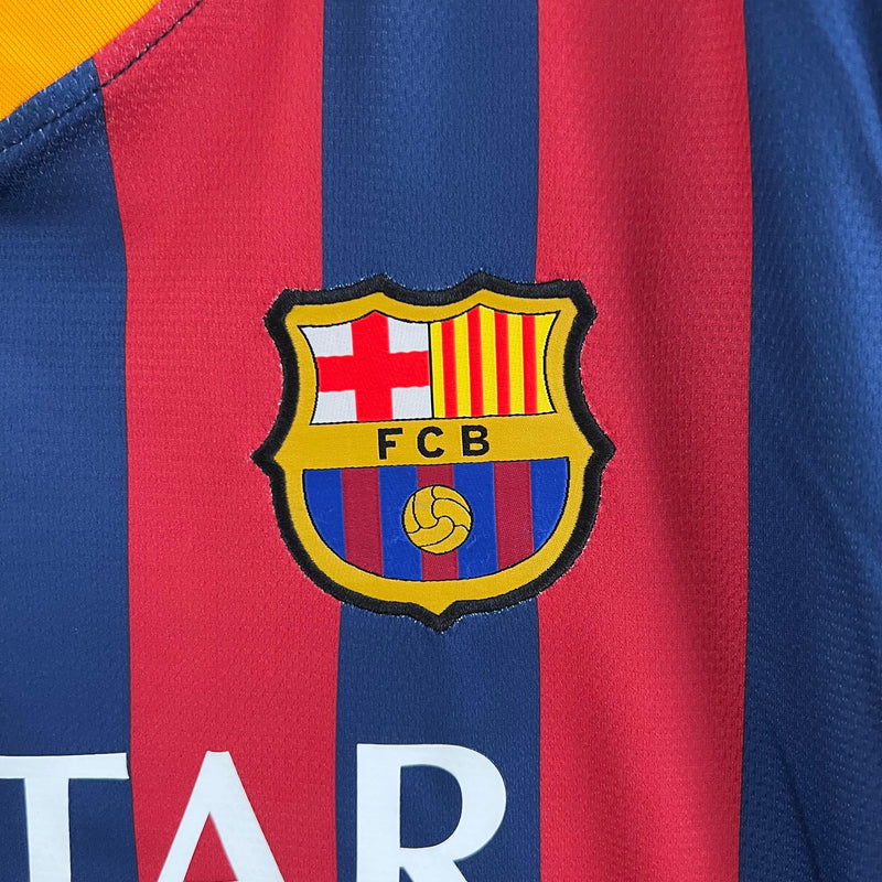 camisa-barcelona-retrô-I-titular-2013-2014-grena-azul-listrada-neymar-messi-champions-gola-amarela-manga-curta