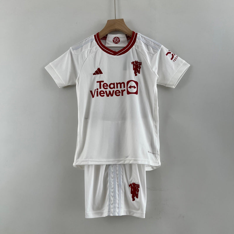 conjunto-manchester-united-third-infantil-III-branco-vermelho-cabide-away-reserva-23-24-campeao-ingles-premiere-league-infantil