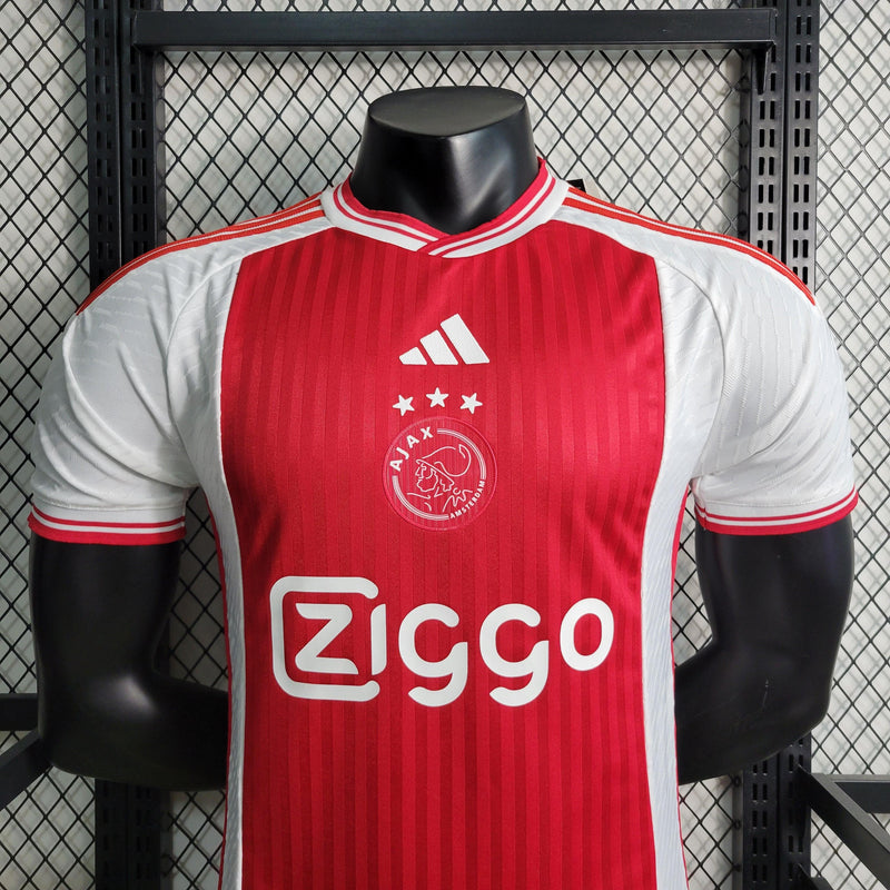 camisa-ajax-home-adidas-temporada-23-24-jogador-lançamento-vermelho-branco-brian-brobbey-campeonato-alemao