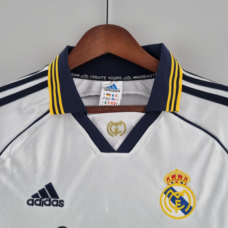 camisa-real-madrid-retrô-titular-branco-preto-amarelo-gola-polo-bordado-2000-listras-pretas-teka-roberto-carlos-hierro-frente-costas