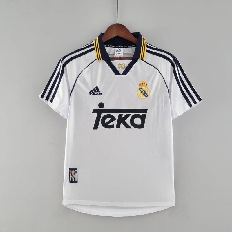 camisa-real-madrid-retrô-titular-branco-preto-amarelo-gola-polo-bordado-2000-listras-pretas-teka-roberto-carlos-hierro