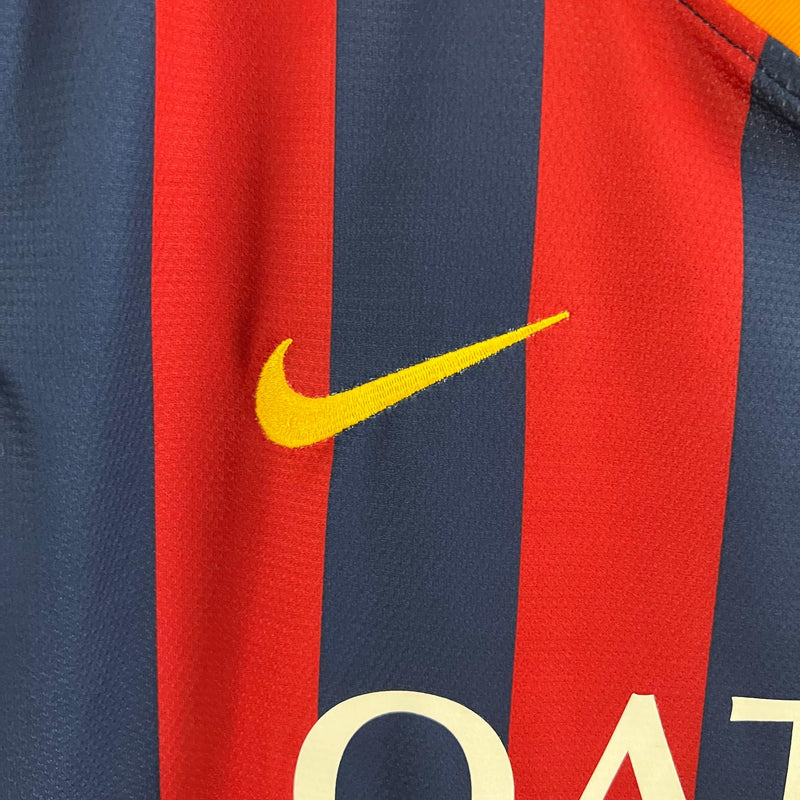 camisa-barcelona-retrô-I-titular-2013-2014-grena-azul-listrada-neymar-messi-champions-gola-amarela-manga-curta