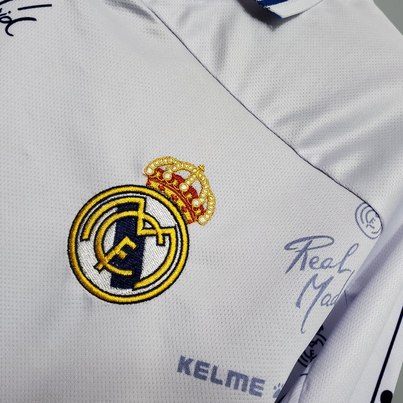 Camisa Real Madrid Titular Retrô 94/96 Home Kelme Branco Azul Cinza - Uniforme 1 Retrô Gola Polo Branco e Azul Kelme Teka