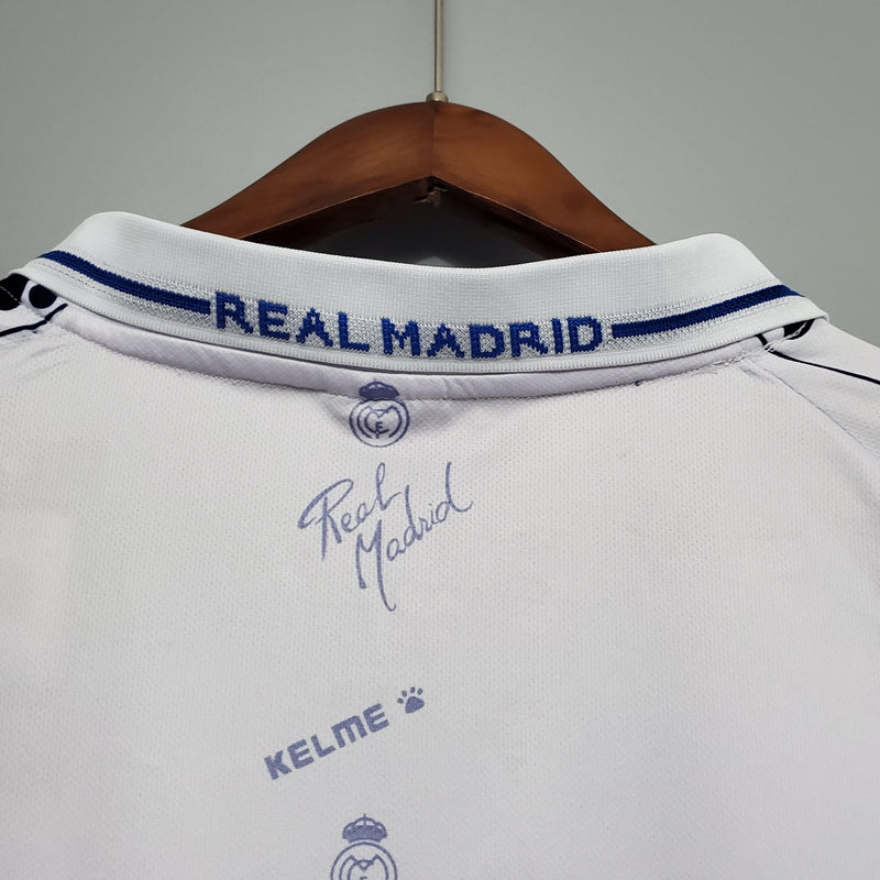 Camisa Real Madrid Titular Retrô 94/96 Home Kelme Branco Azul Cinza - Uniforme 1 Retrô Gola Polo Branco e Azul Kelme Teka