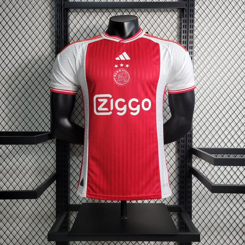 camisa-ajax-home-adidas-temporada-23-24-jogador-lançamento-vermelho-branco-brian-brobbey-campeonato-alemao