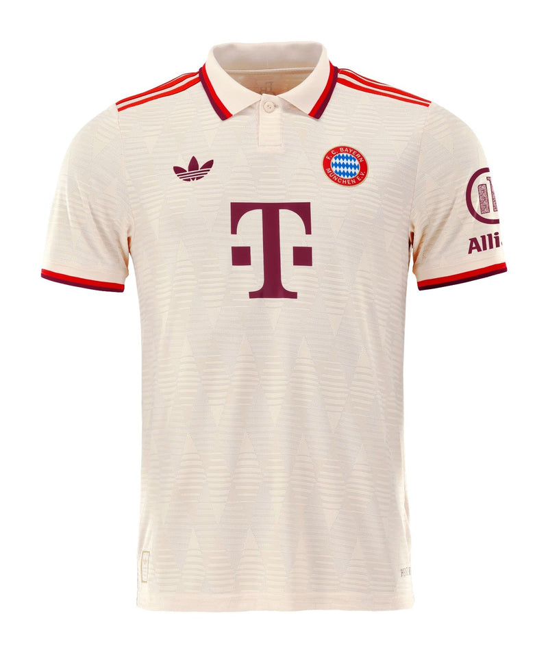 camisa-bayern-de-munique-away-III-THIRD-versao-torcedor-bordado-bege-gola-polo-trefoil-vermelho-bundesliga