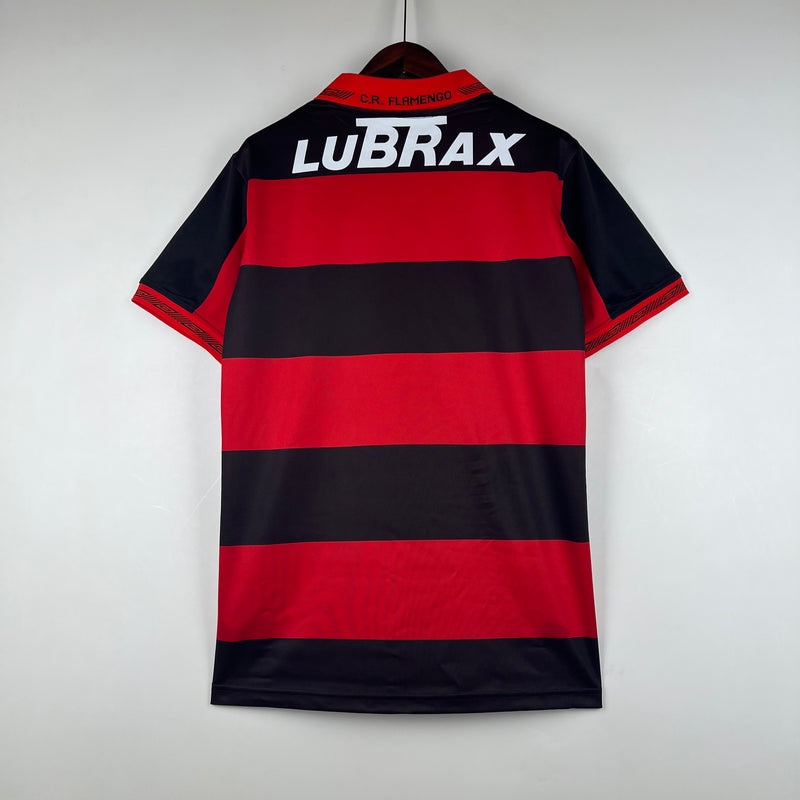 camisa-mengo-titular-retrô-I-1990-vermelho-preto-gola-polo-lubrax-bordado-costas