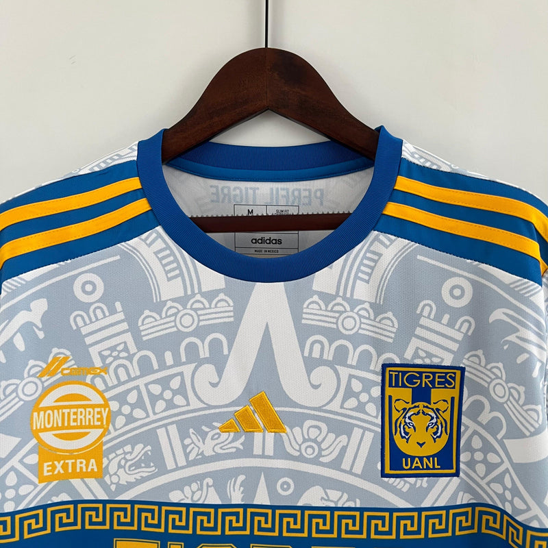 camisa-tigres-adidas-monterrey-23-24-versão-torcedor-branco-azul-amarelo-tigre-méxico-mexicano-Liga-mx