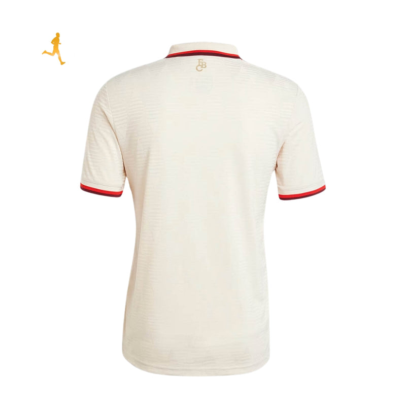 Camisa Bayern de Munique III Third 24/25 "UCL Kit" Versão Jogador Bege Frisos Vermelhos e Bordô - Camisa de Time Gola Polo com Botão - Adidas Trefoil