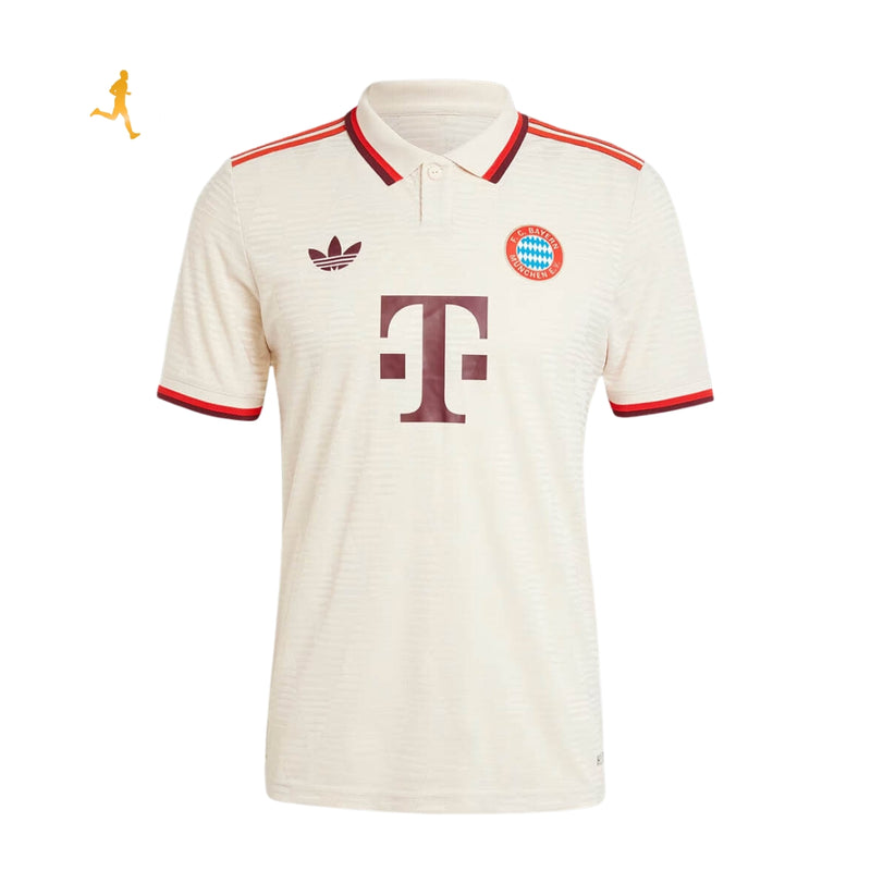 Camisa Bayern de Munique III Third 24/25 "UCL Kit" Versão Jogador Bege Frisos Vermelhos e Bordô - Camisa de Time Gola Polo com Botão - Adidas Trefoil