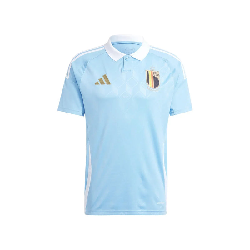 camisa-bélgica-away-24-25-azul-versão-trocedor-polo-branco-botão-bordado-amarelo-debruyne