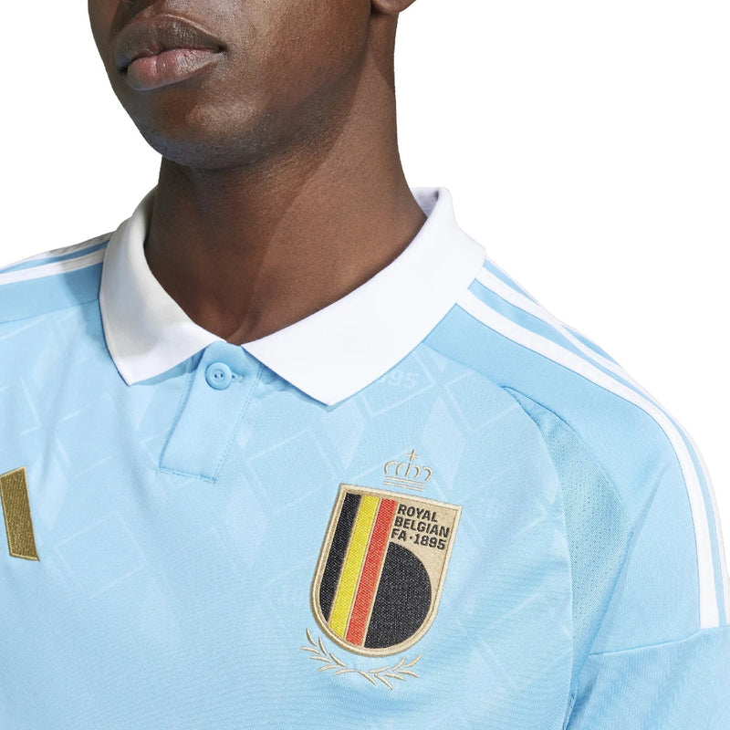 camisa-bélgica-away-24-25-azul-versão-trocedor-polo-branco-botão-bordado-amarelo-debruyne