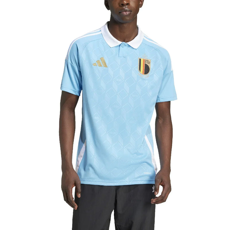 camisa-bélgica-away-24-25-azul-versão-trocedor-polo-branco-botão-bordado-amarelo-debruyne