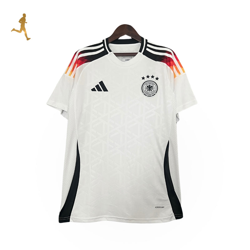 camisa-alemanha-I-Titular-home-2024-2025-versão-torcedor-branca-clássica-vermelho-amarelo-mozaico-preto-kimmich-