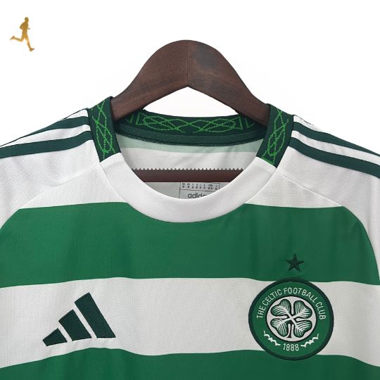 camisa-celtic-titular-I-home-24-25-versão-torcedor-verde-branco-gola-redonda-cabide-bordado-manga-curta-costas-frente