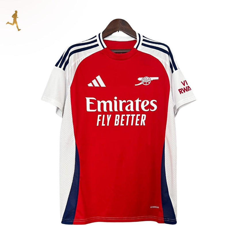 camisa-arsenal-titular-I-24-25-vermelho-branco-azul-versão-torcedor-bordado-cabide-fundo-branco