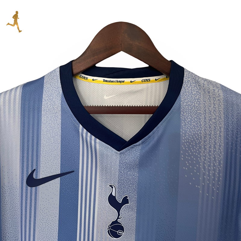 camisa-tottenham-reserva-24-25-lançamento-azul-manga-curta-amarelo-gola-v-azul-II-costas-frente