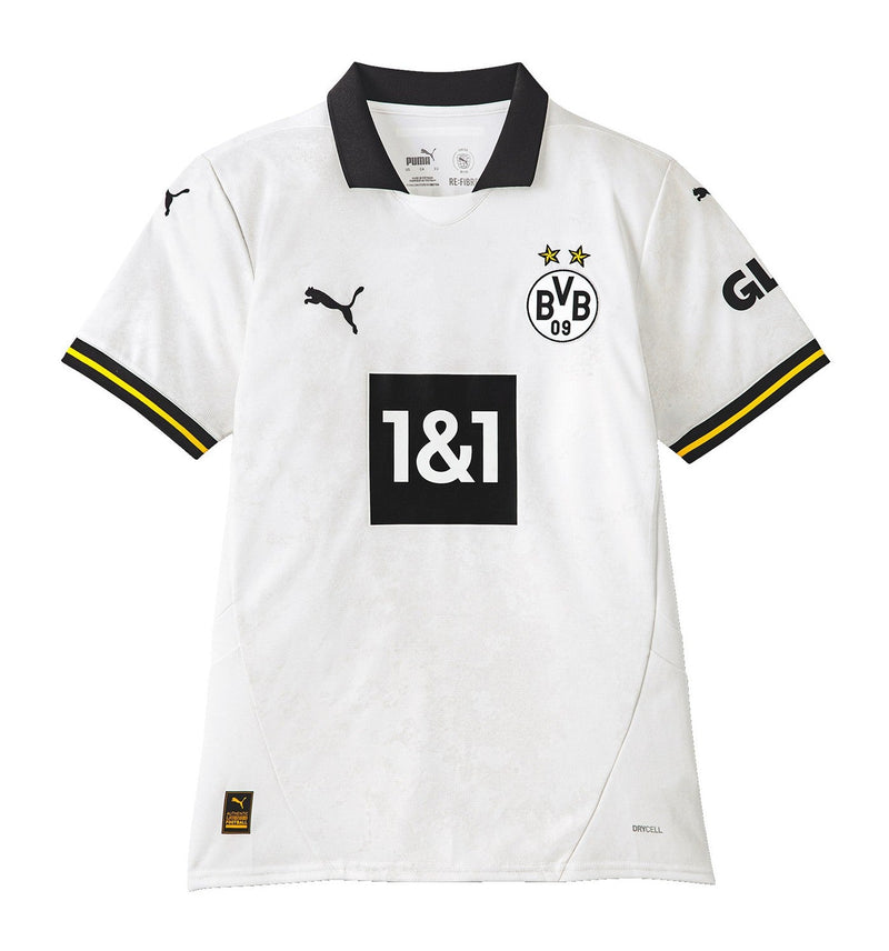 camisa-borussia-dortmund-away-III-24-25-versao-torcedor-bordado-puma-branco-preto-amarelo-gola-polo