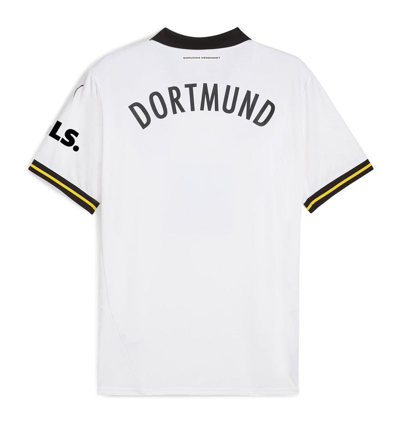 camisa-borussia-dortmund-away-III-24-25-versao-torcedor-bordado-puma-branco-preto-amarelo-gola-polo