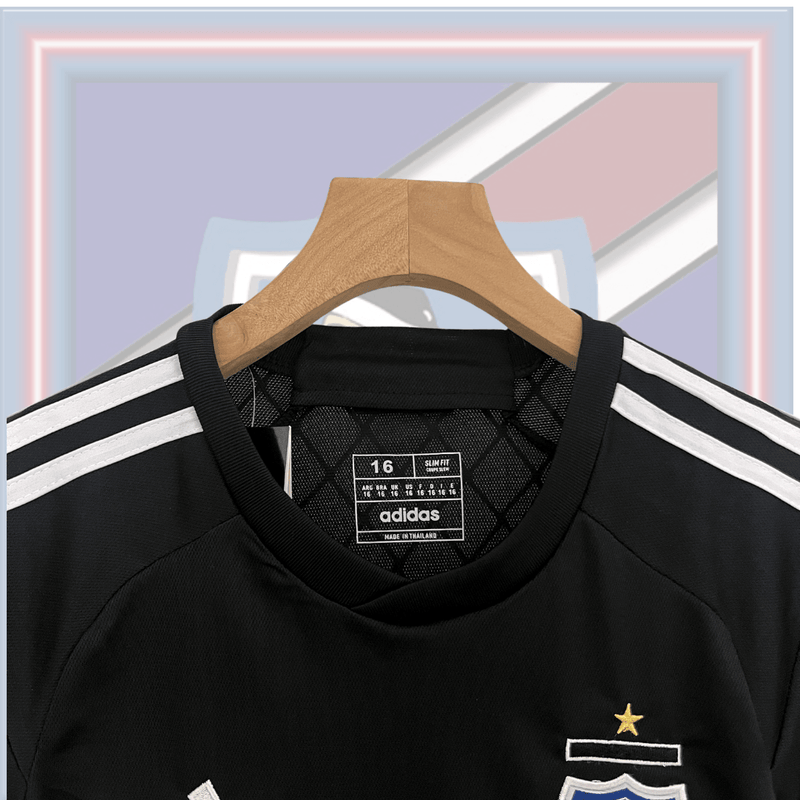 Kit Infantil de Futebol Colo-Colo Away 2024/2025 Preto Branco Manga Listrada