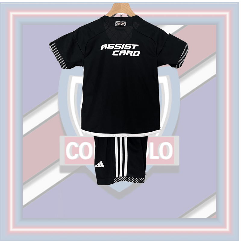 Kit Infantil de Futebol Colo-Colo Away 2024/2025 Preto Branco Manga Listrada