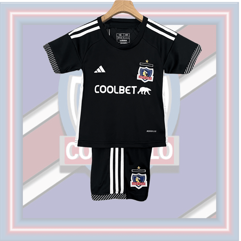 Kit Infantil de Futebol Colo-Colo Away 2024/2025 Preto Branco Manga Listrada