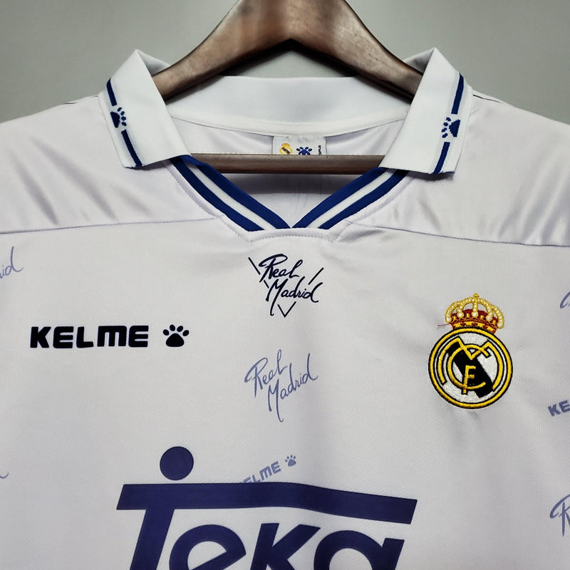 Camisa Real Madrid Titular Retrô 94/96 Home Kelme Branco Azul Cinza - Uniforme 1 Retrô Gola Polo Branco e Azul Kelme Teka