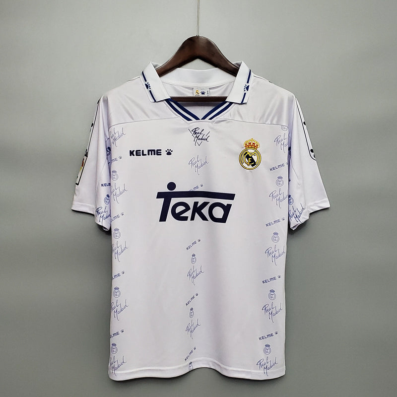 Camisa Real Madrid Titular Retrô 94/96 Home Kelme Branco Azul Cinza - Uniforme 1 Retrô Gola Polo Branco e Azul Kelme Teka