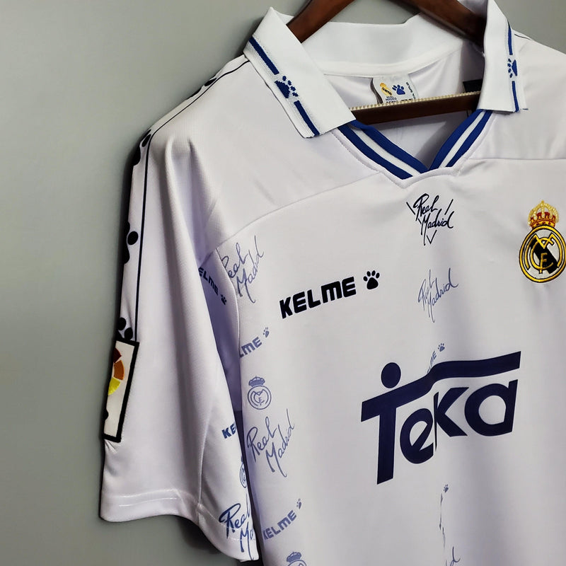 Camisa Real Madrid Titular Retrô 94/96 Home Kelme Branco Azul Cinza - Uniforme 1 Retrô Gola Polo Branco e Azul Kelme Teka