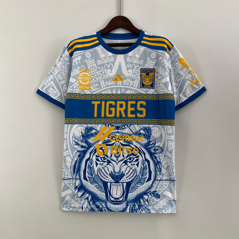 camisa-tigres-adidas-monterrey-23-24-versão-torcedor-branco-azul-amarelo-tigre-méxico-mexicano-Liga-mx