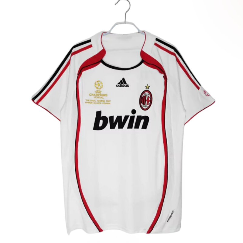 camisa-ac-milan-reserva-II-away-branco-vermelho-preto-rossoneri-gola-patch-formotion-bwin-manga-curta-22-kaká-inzaghi-pirlo-seedor