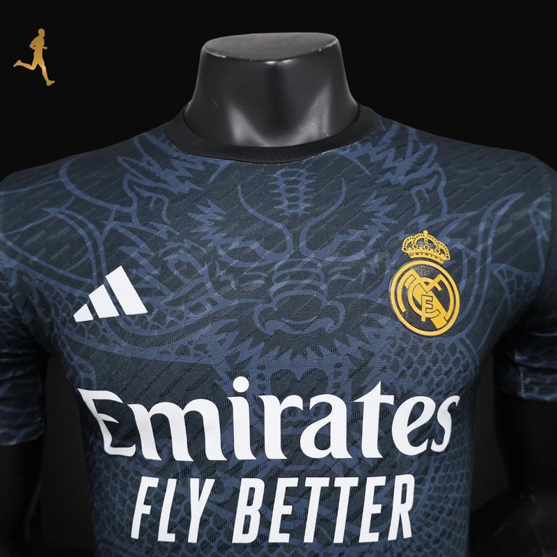 Camisa Real Madrid Dragão 2024/2025 Versão Jogador - Preta Azul Branco Amarelo Cinza