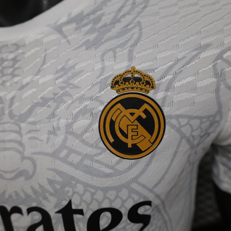 Camisa Real Madrid Concept Dragão Branca Preta 24/25 Adidas Camisa de Time Internacional