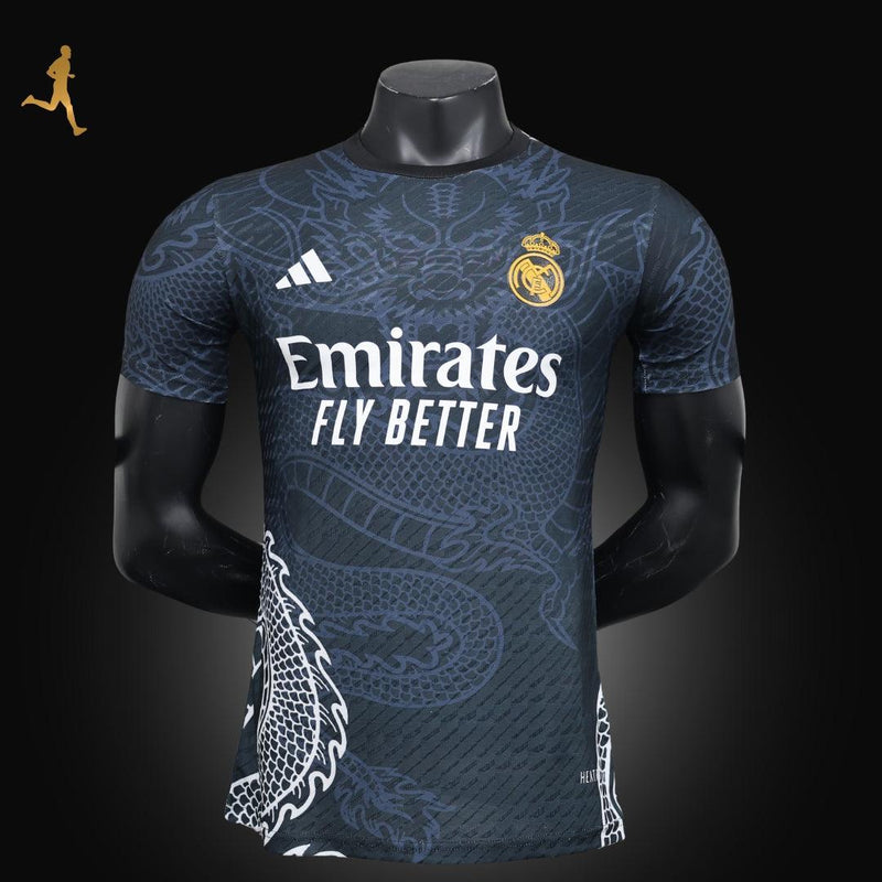 Camisa Real Madrid Dragão 2024/2025 Versão Jogador - Preta Azul Branco Amarelo Cinza