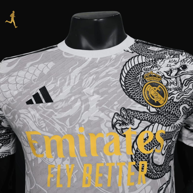 Camisa Real Madrid Concept 2024/2025 Versão Jogador Branco Amarelo Cinza Preto - Edição Concept com Tema do Dragão - Adidas