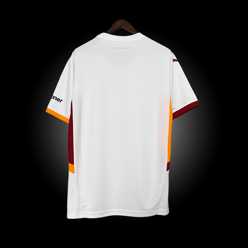 Camisa Galatasary II Away 2024-2025 Versão Torcedor Branca, Vermelho, Preto, Mosaico Sixt Gola V Vermelho e Laranja