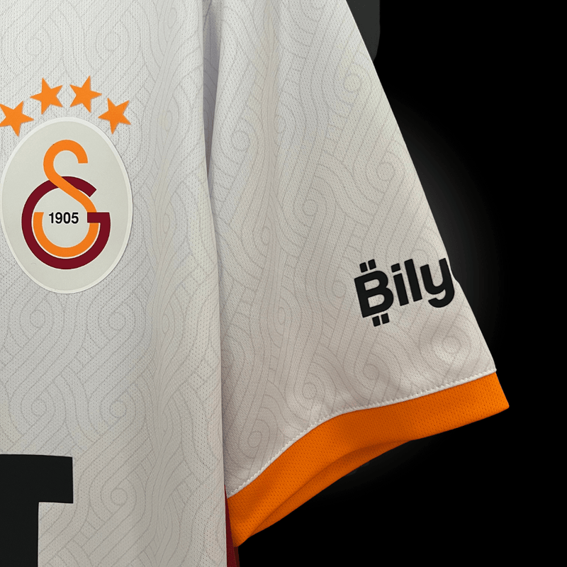 Camisa Galatasary II Away 2024-2025 Versão Torcedor Branca, Vermelho, Preto, Mosaico Sixt Gola V Vermelho e Laranja