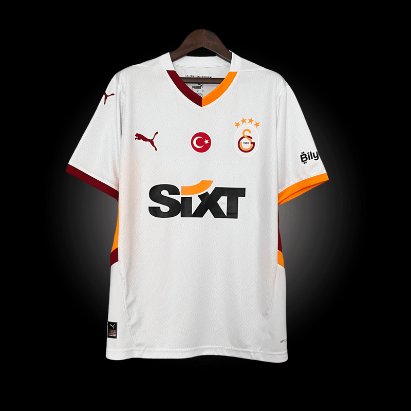 Camisa Galatasary II Away 2024-2025 Versão Torcedor Branca, Vermelho, Preto, Mosaico Sixt Gola V Vermelho e Laranja