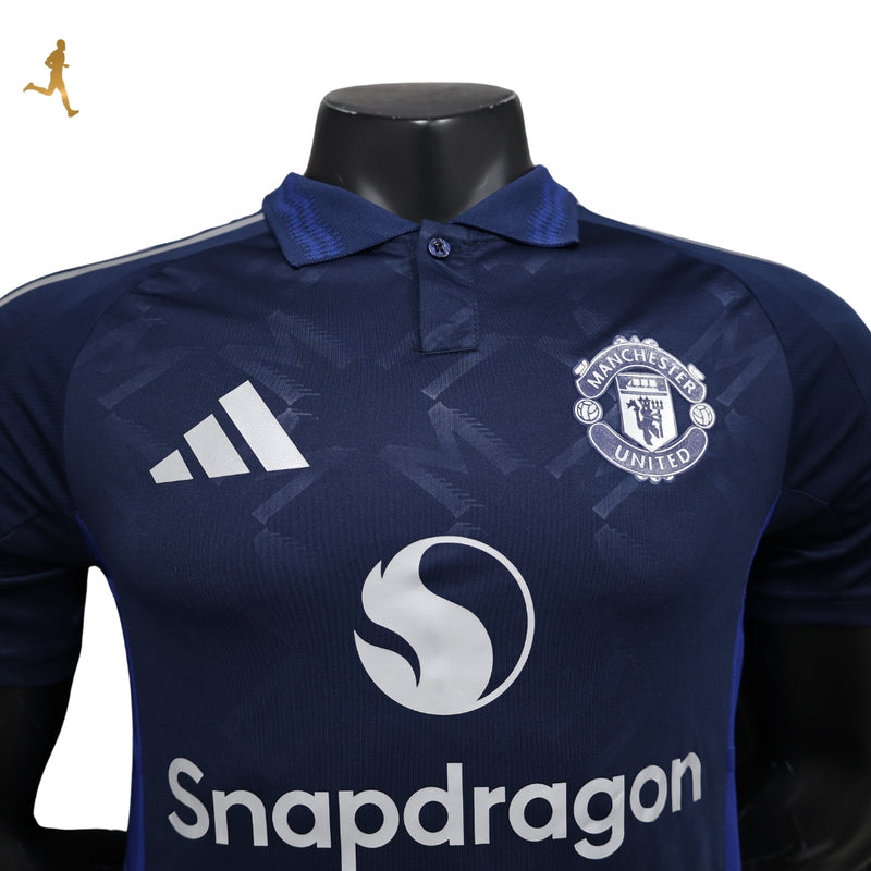 camisa-manchester-unite-away-2024-2025-versao-jogador-torcedor-camisa-de-time-internacional-futebol-deligt-antony-garnacho-azul-preto-branco-gola-polo-manga-curta-silkado-emborrachado