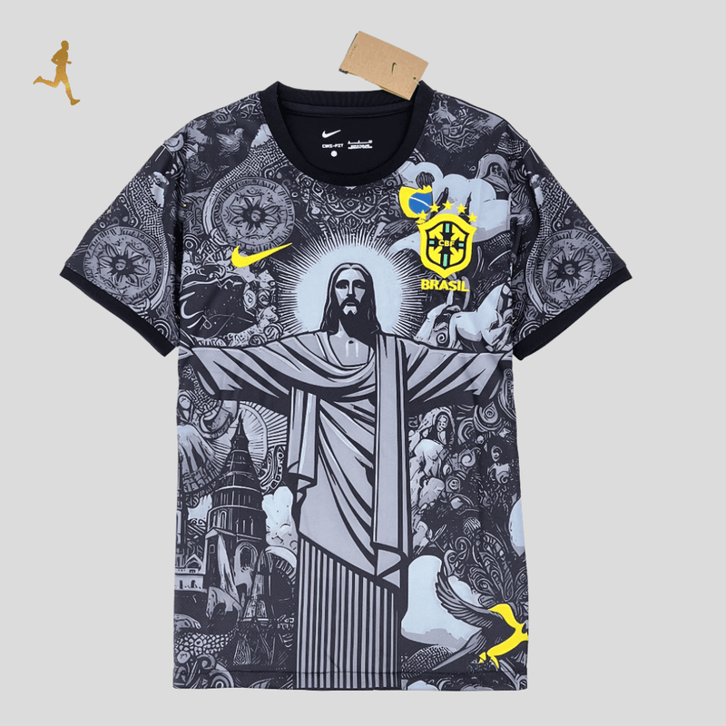 Camisa do Brasil Concept Cristo Redentor - 2024/2025 Nike Preto, Cinza, Branco, Amarelo, Verde.