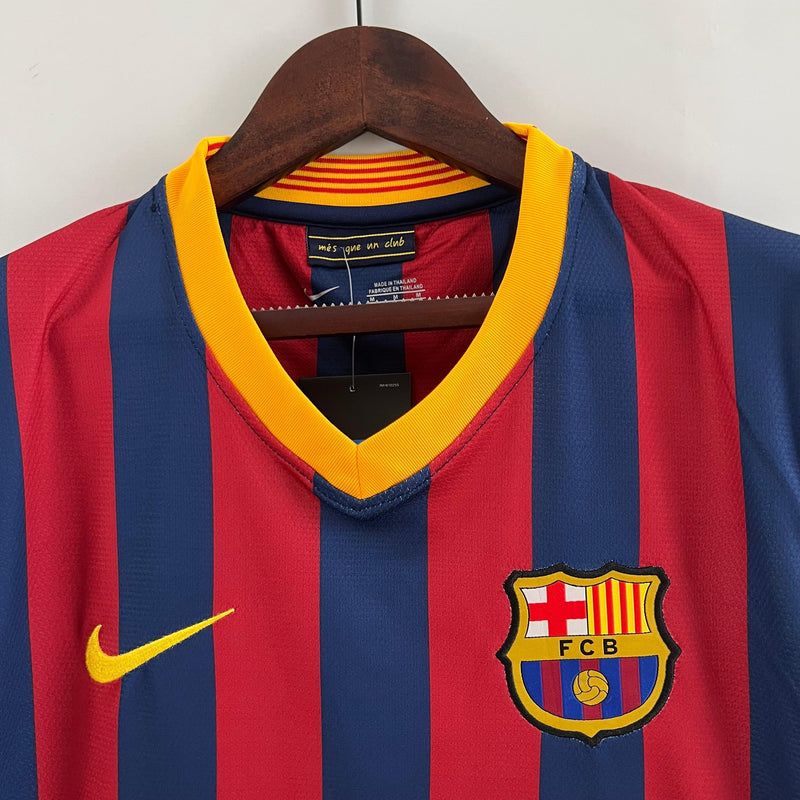 camisa-barcelona-retrô-I-titular-2013-2014-grena-azul-listrada-neymar-messi-champions-gola-amarela-manga-curta