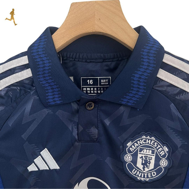 Conjunto Infantil Manchester United II Reserva Away 24/25 Versão Torcedor Azul Preto Branco - Adidas Kit de Futebol Infantil 2024/2025