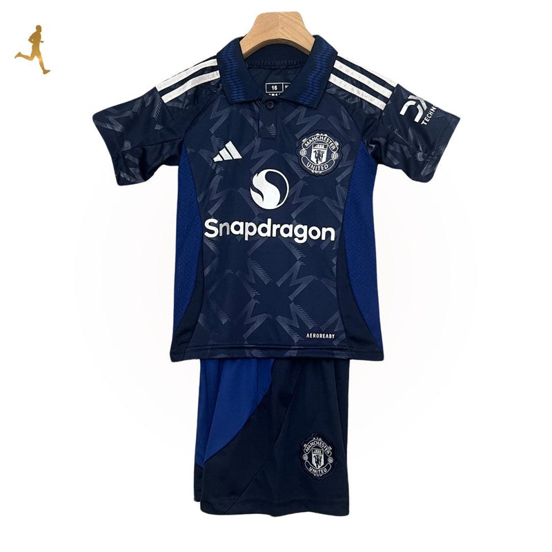 Conjunto Infantil Manchester United II Reserva Away 24/25 Versão Torcedor Azul Preto Branco - Adidas Kit de Futebol Infantil 2024/2025