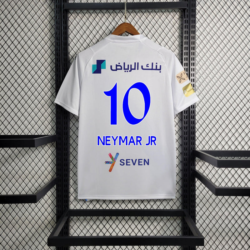 camisa-al-hilal-neymar-23-24-puma-azul-branca-away-ii-torcedor-jogador-arabia-árabe-njr-neymarjr-silk-nome-numero-10-patrocinios